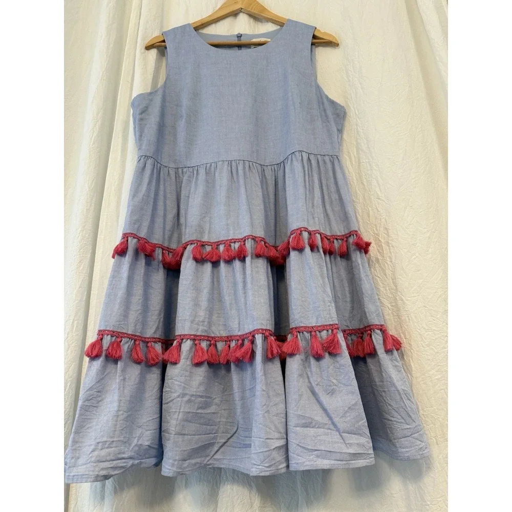 Eliza J Dress Size 14 Blue Chambray Pink Tassels Sleeveless Tiered Dress Preppy - Picture 2 of 9